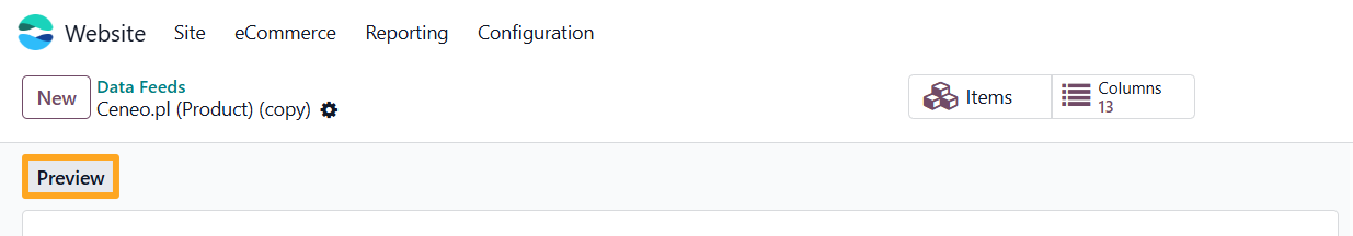 odoo ceneo product data feed preview button
